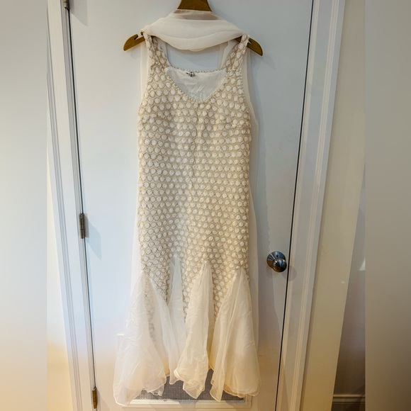 Miss Rosier Cream and White 3D Textured Midi Dress with Sheer Skirt and Scarf - Picture 1 of 5